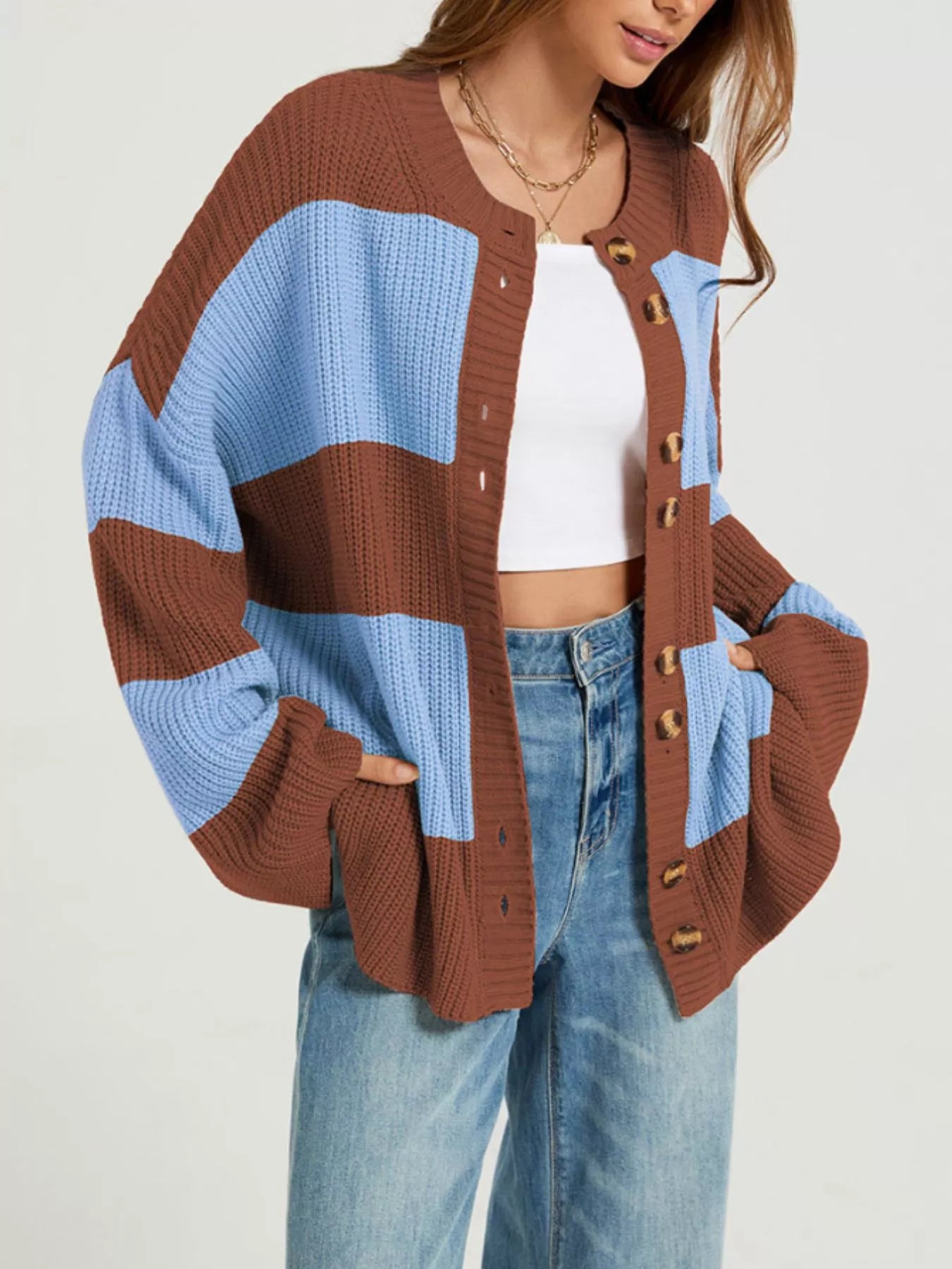 Color-Block Striped Button-Up Cardigan — AREVONNE product view 2