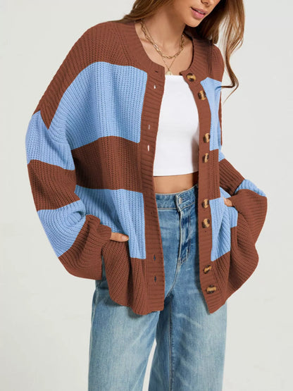 Color-Block Striped Button-Up Cardigan — AREVONNE product view 2