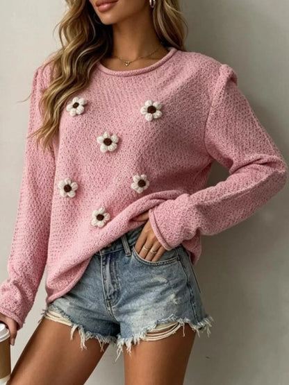 Floral-Appliqué Textured Knit Sweater — AREVONNE product view 10