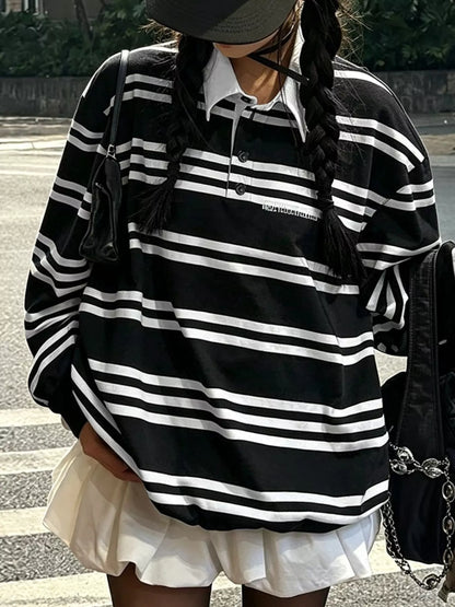 Oversized Striped Contrast-Collar Polo Top — AREVONNE product view 2