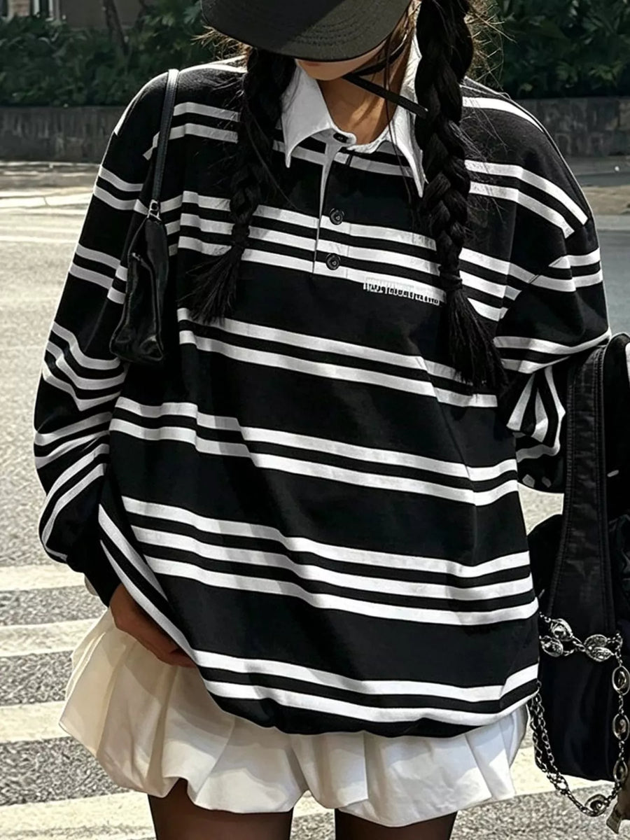 Oversized Striped Contrast-Collar Polo Top