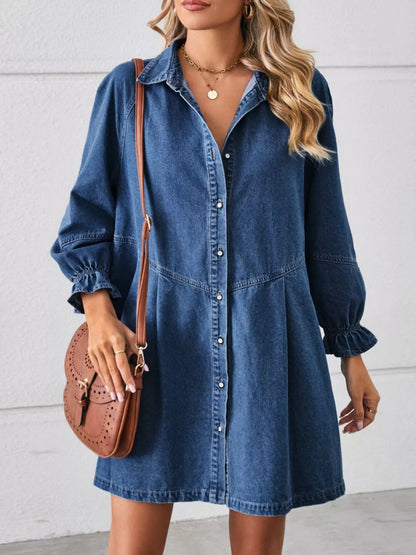 Ruffle-Cuff Button-Down Denim Dress — AREVONNE product view 1