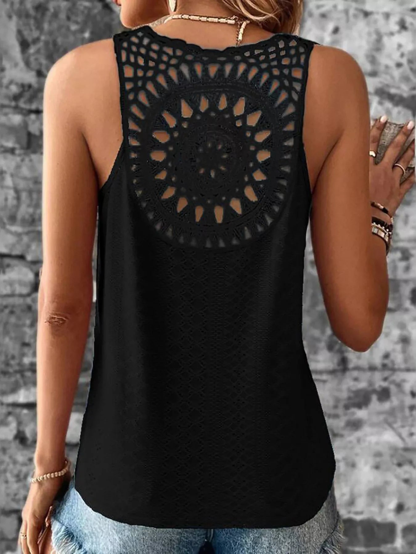 Eyelet Lace-Trim V-Neck Tank — AREVONNE product view 2