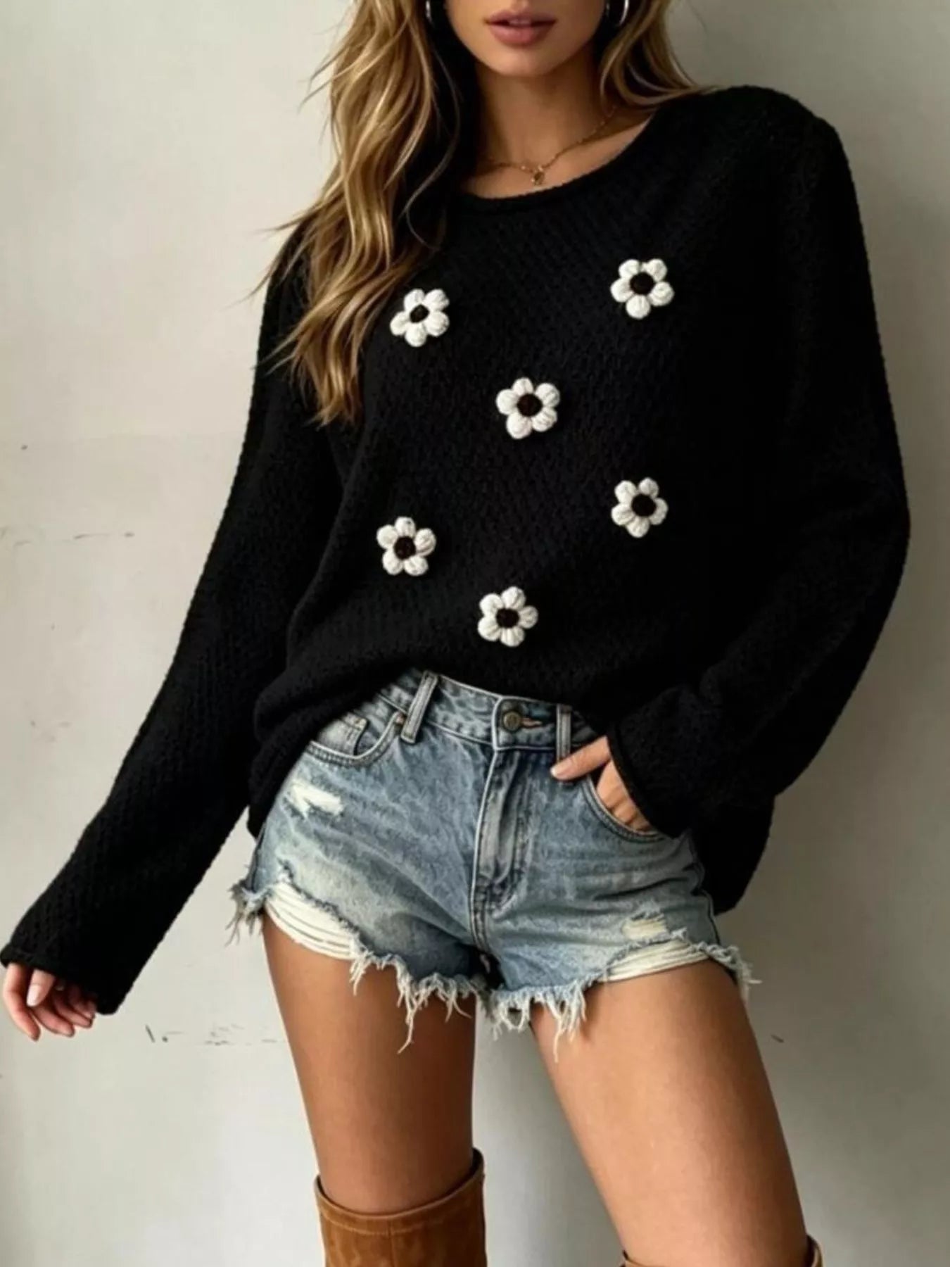 Floral-Appliqué Textured Knit Sweater — AREVONNE product view 7