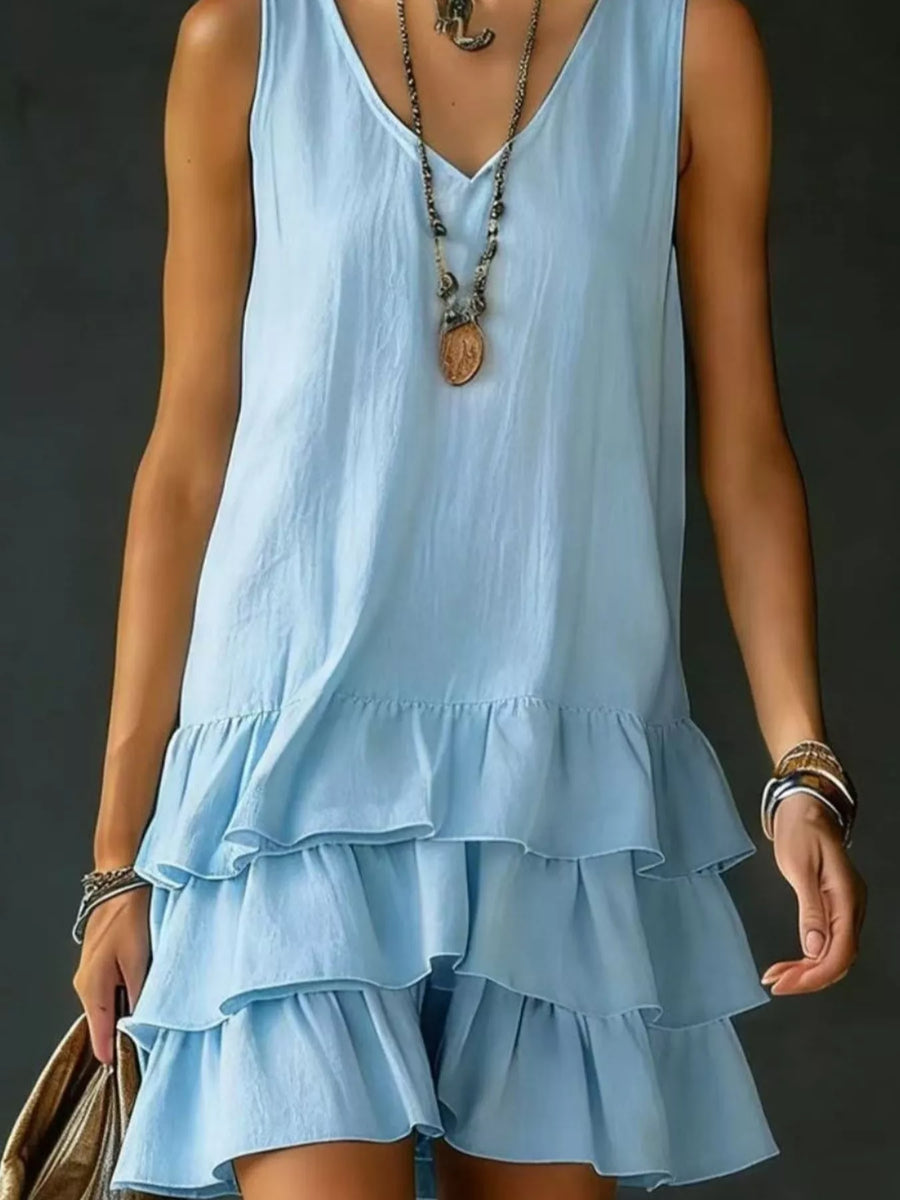 Ruffled-Hem V-Neck Sleeveless Dress