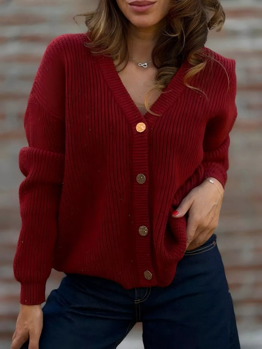Ribbed V-Neck Button-Up Cardigan