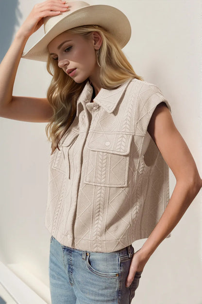 Textured Snap-Front Cropped Vest — AREVONNE product view 1