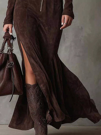 Belted Zip-Front Slit Maxi Dress — AREVONNE product view 3