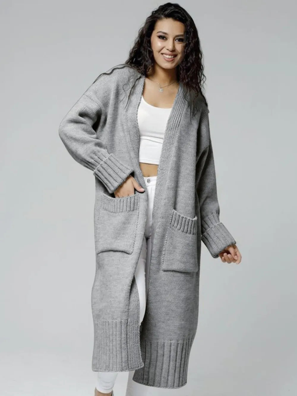 Pocketed Open-Front Cardigan — AREVONNE product view 1