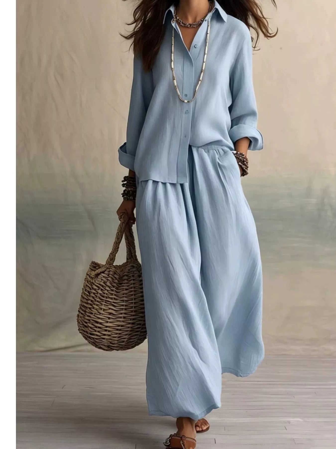 Button-Up Wide-Leg Two-Piece Set — AREVONNE product view 9