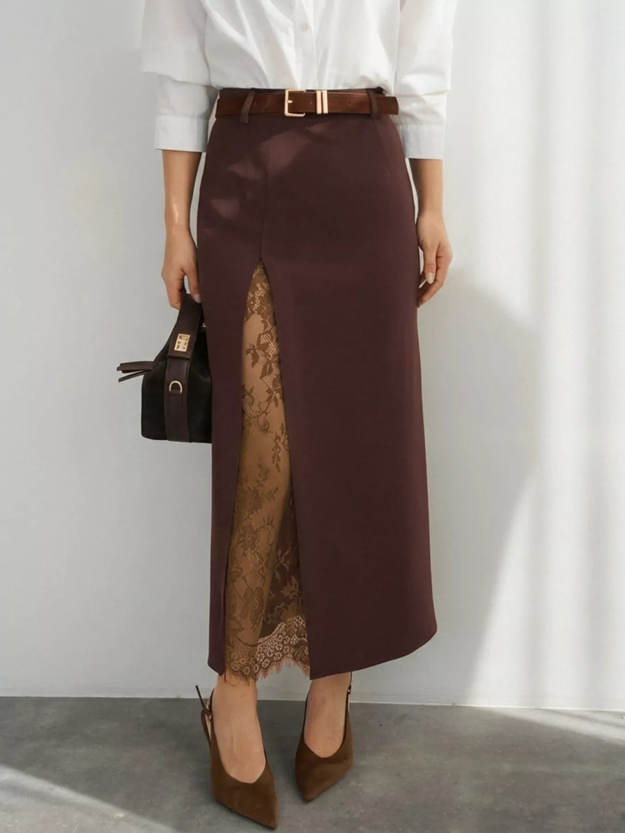 Elegant Lace-Trimmed Slit A-Line Skirt