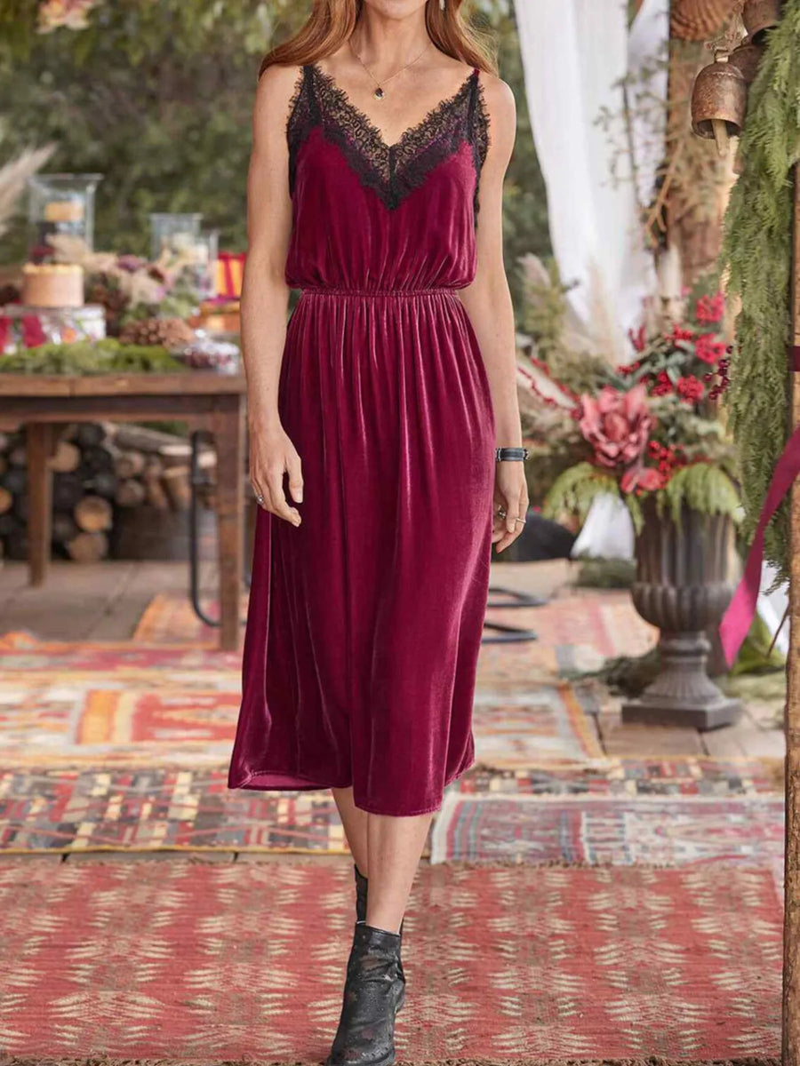 Lace-Trim Velvet Cami Lounge Dress
