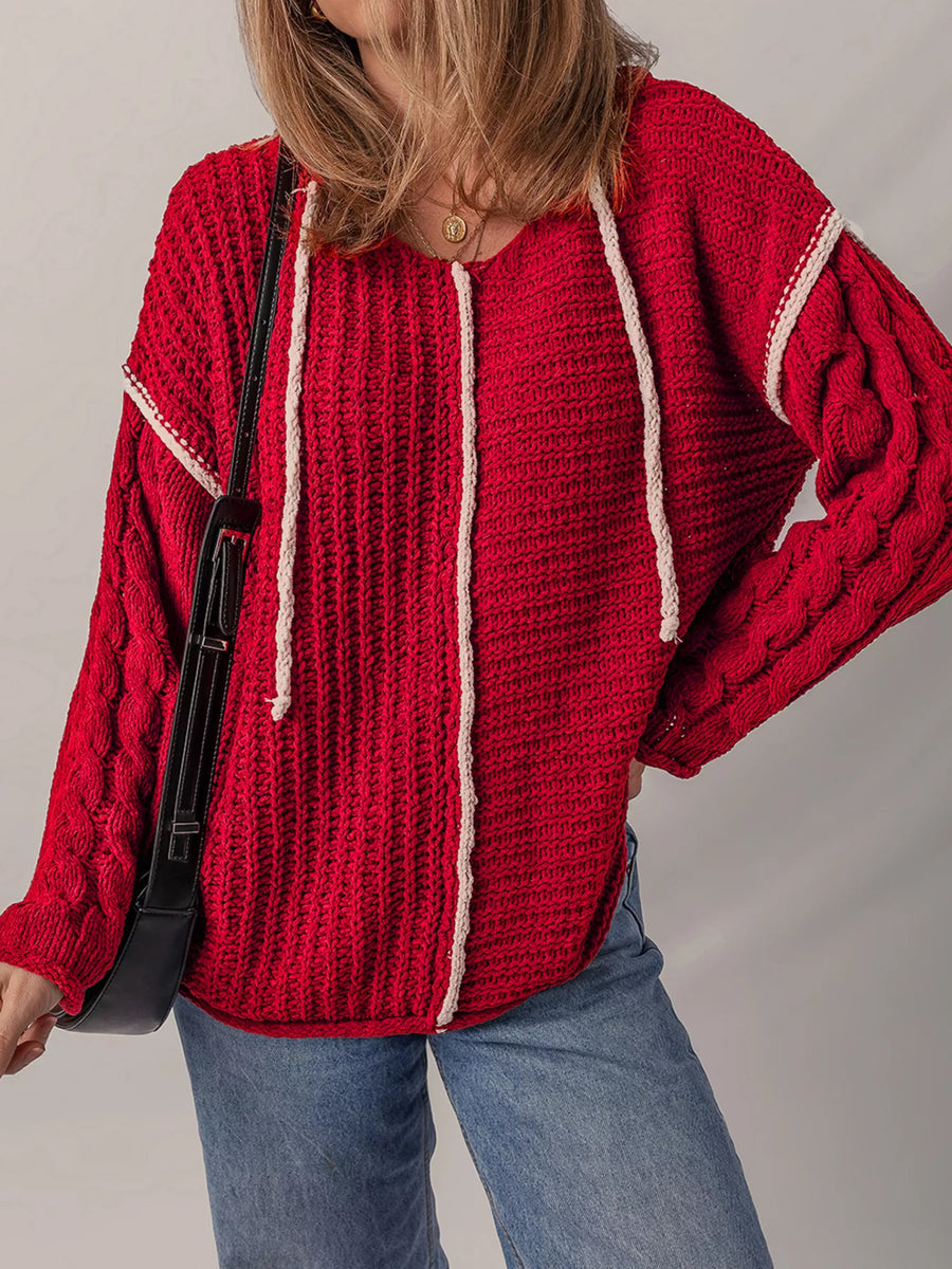 Contrast-Trim Cable-Knit Hooded Sweater