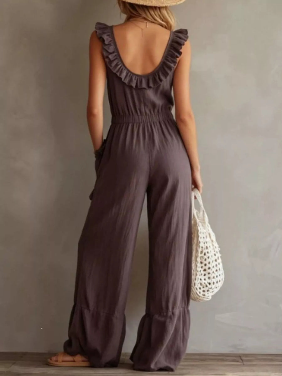 Frill-Detail V-Neck Wide-Leg Jumpsuit