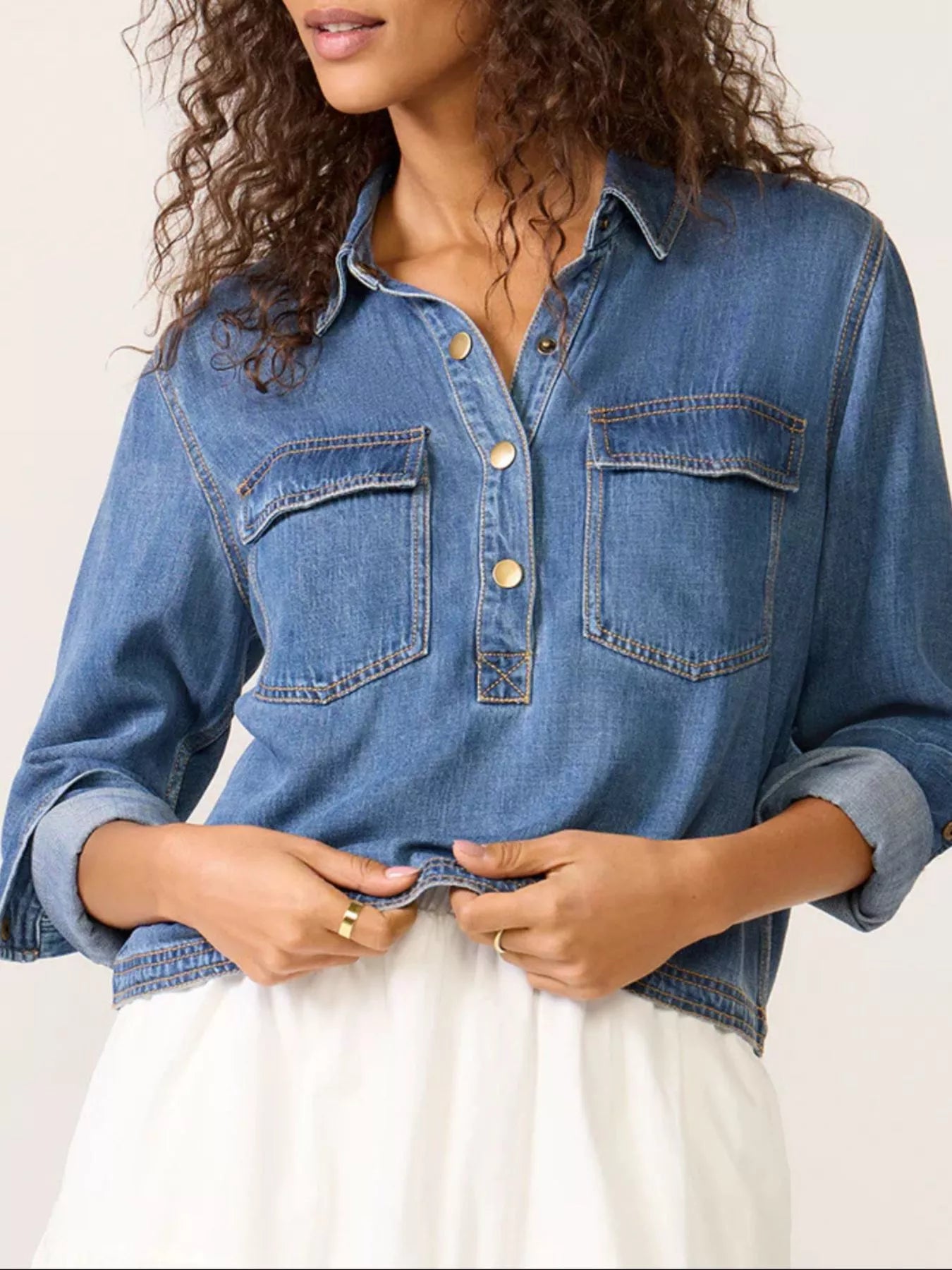 Half-Snap Cropped Denim Top — AREVONNE product view 1