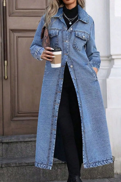 Longline Button-Front Denim Jacket — AREVONNE product view 1