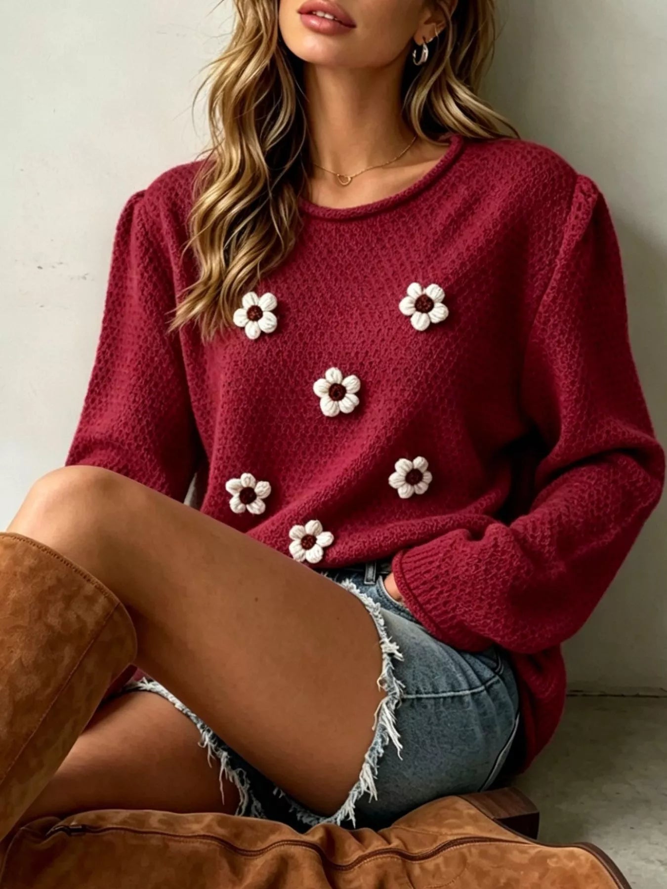 Floral-Appliqué Textured Knit Sweater — AREVONNE product view 13
