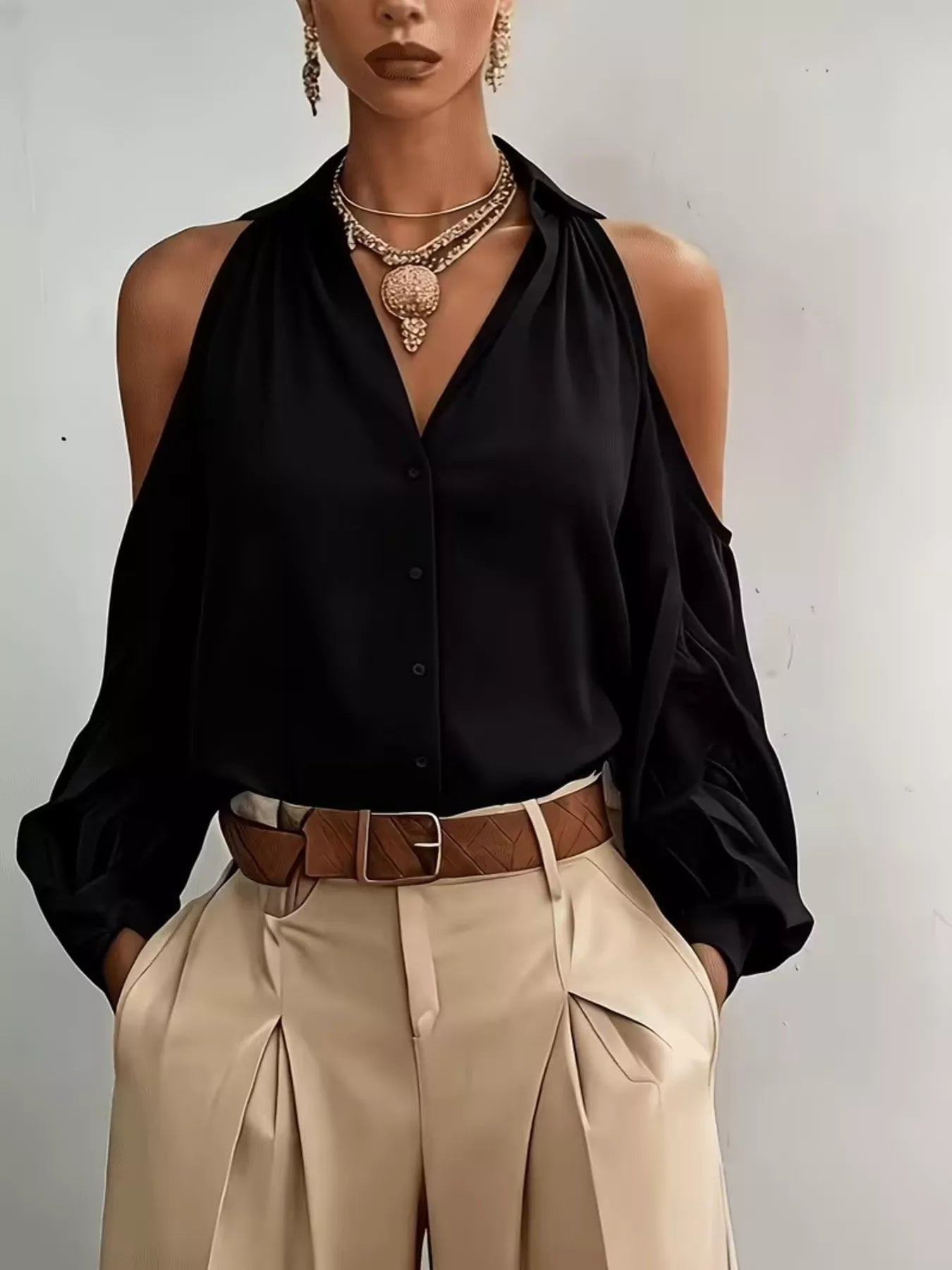 Cold-Shoulder Button-Down Shirt — AREVONNE product view 1