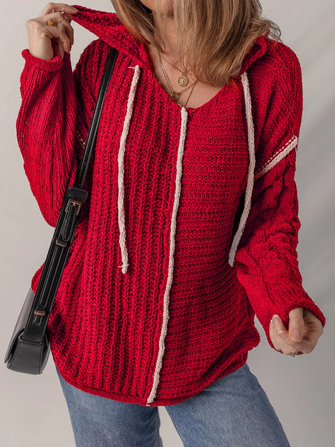 Contrast-Trim Cable-Knit Hooded Sweater