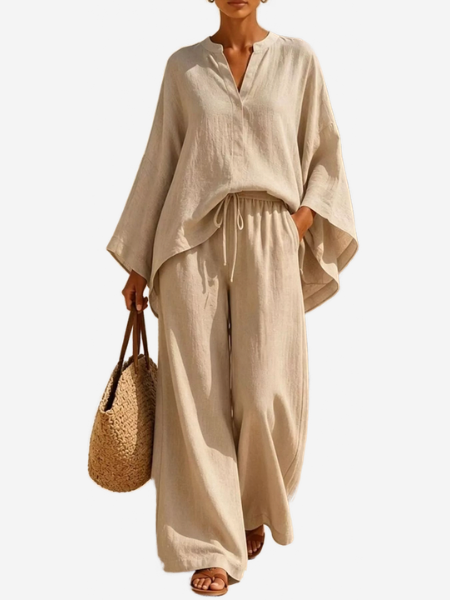 Notched-Neck Wide-Leg Two-Piece Set