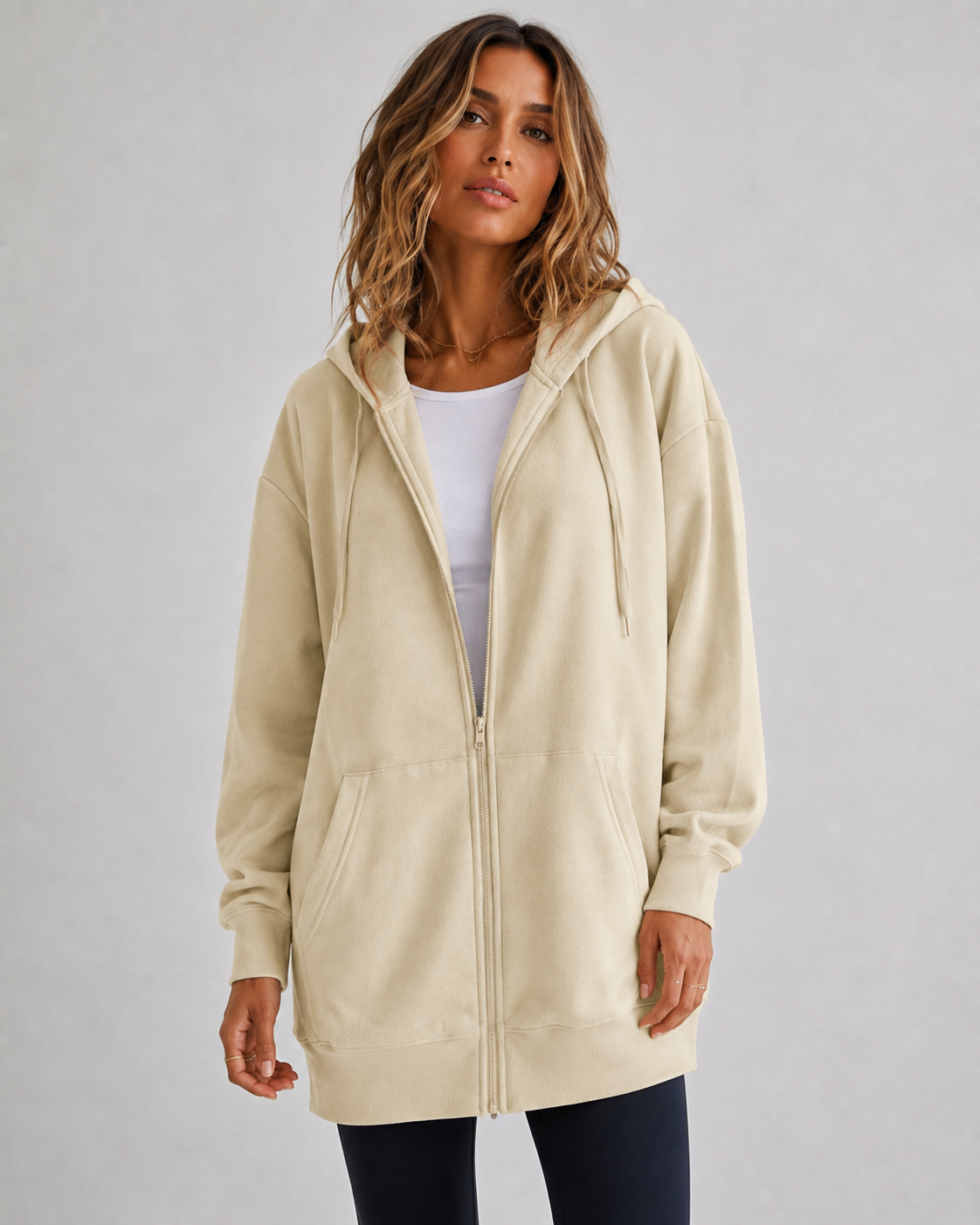 Longline Zip-Up Drawstring Hoodie — high-resolution product view 2