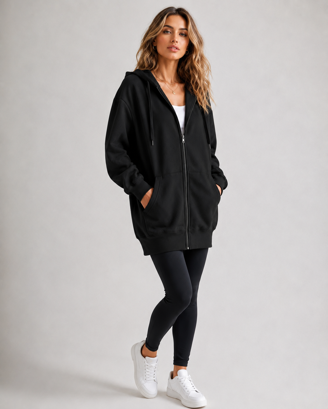 Longline Zip-Up Drawstring Hoodie — high-resolution product view 3