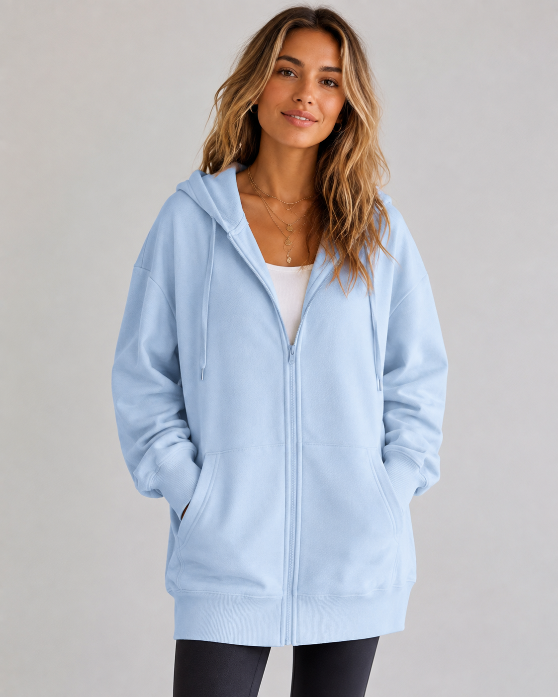 Longline Zip-Up Drawstring Hoodie — high-resolution product view 4