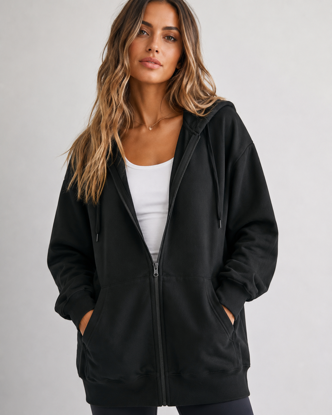 Longline Zip-Up Drawstring Hoodie — high-resolution product view 7