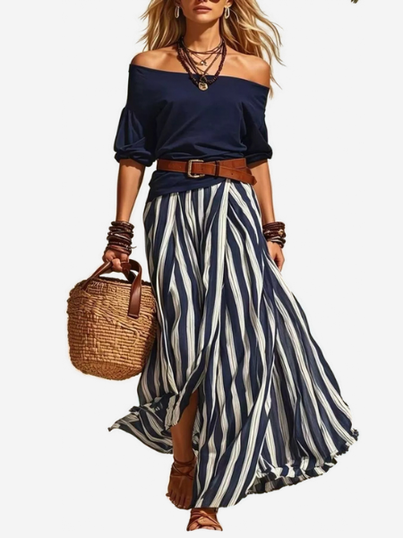 Off-Shoulder Top & Striped Maxi Skirt Set — AREVONNE product view 1