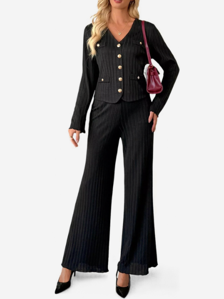 Ribbed Cardigan & Wide-Leg Pants Set — AREVONNE product view 1